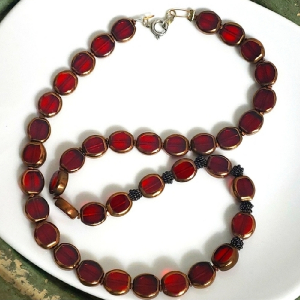 COPY - Gold Maroon Glass Beaded Retro Style Necklace